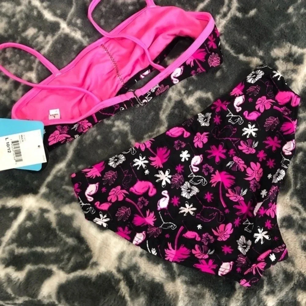 NWT girls Bright tropical print bikini breaking waves